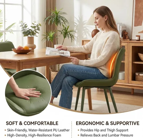 Miniatura 4 de Kidol & Shellder Juego de 2 sillas de comedor, modernas de mediados de siglo con patas de metal, silla lateral tapizada de piel sintética para Verde