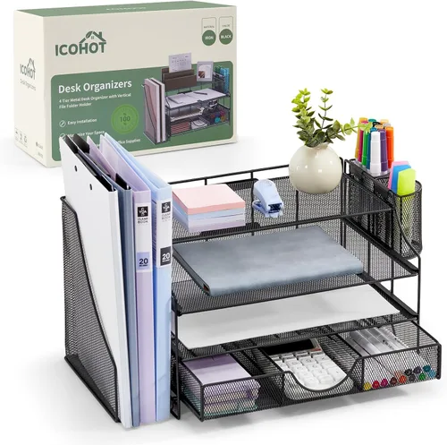 Organizadores de escritorio y accesorios, organizador de bandejas de papel de 4 niveles con cajón, organizador de escritorio de malla con soporte