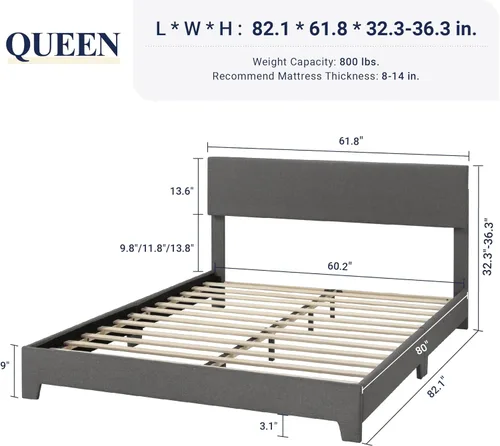 Miniatura 2 de Allewie - Base de cama Queen con cabecera ajustable, cama tapizada con plataforma y listones de madera, base de colchón resistente, no necesita Gris