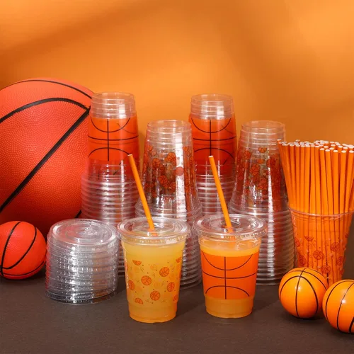 Miniatura 4 de Yaomiao 300 Piezas Vasos de Plástico de Baloncesto de 12 oz con Tapas y Pajitas Vasos Transparentes Desechables de Plástico Feliz Fiesta Temática