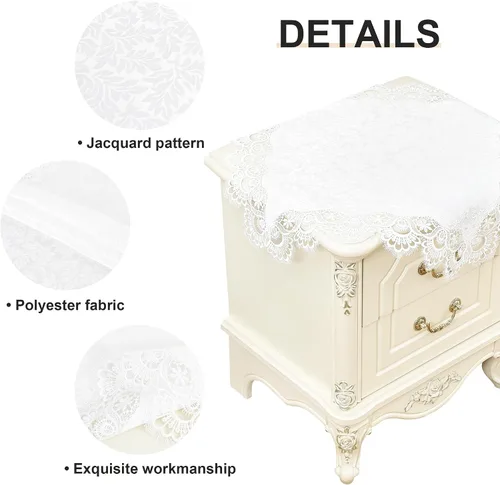 Miniatura 5 de Wolkemer Paquete de 2 manteles cuadrados pequeños de jacquard de encaje blanco elegante para decoración de mesa para el hogar, bufanda de tocador