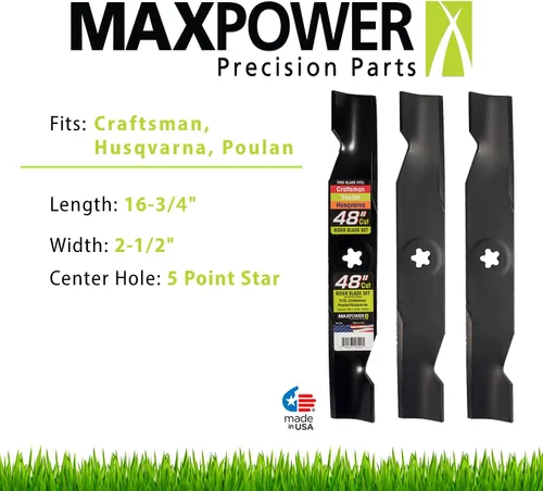 Miniatura 6 de Maxpower Juego de cuchillas de elevación alta y mulching para cortadoras de 48 pulgadas Cut Craftsman, Husqvarna, Poulan