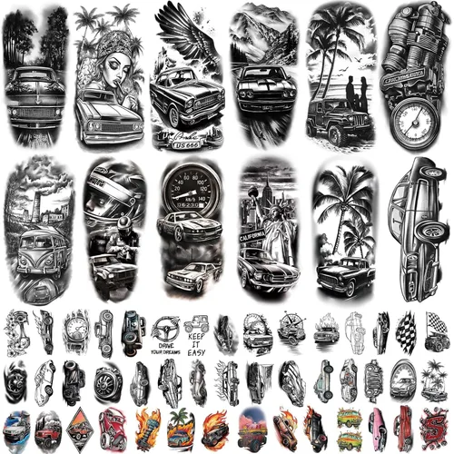77 hojas de tatuajes temporales para automóvil, adultos, adolescentes, niños, realistas, tatuajes falsos de media manga, calcomanías de arte