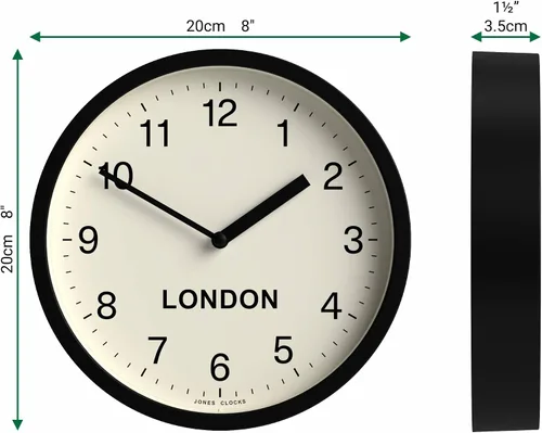 Miniatura 3 de JONES CLOCKS® London Time Zone Reloj de pared Reloj redondo pequeño y moderno 8 pulgadas Negro Números fáciles de leer Ideal para cocinas