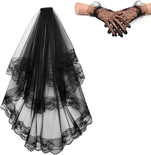 TOPOQ Velo negro y guantes, velo de boda negro con peine velo funerario, disfraz de Halloween, velo para fiesta de cosplay