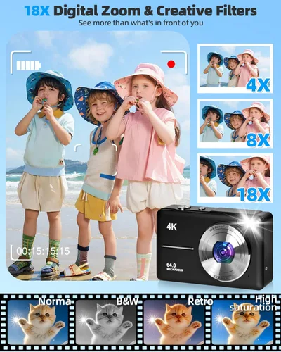 Miniatura 3 de Cámara digital 4K para fotografía, enfoque automático de 64 MP, tarjeta TF de 32 GB, pantalla LED de 2.8 pulgadas, zoom 18X, antivibración, cámaras