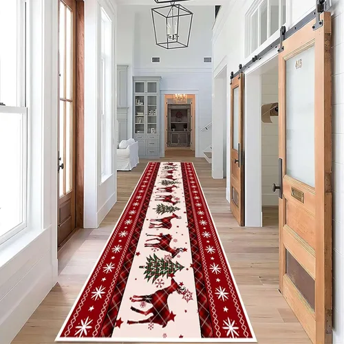Miniatura 9 de Alfombra de pasillo de Navidad, 1.3 x 7 pies, alfombra de pasillo de renos con copos de nieve, color blanco, alfombra de pasillo estilo bohemio rojo