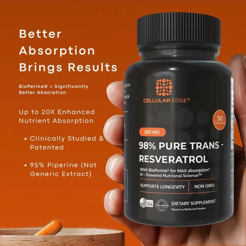 Miniatura 4 de Trans-resveratrol 250 mg (≥98% puro) con BioPerine® Fabricado en Estados Unidos Probado por terceros Apoyo a la salud celular y longevidad