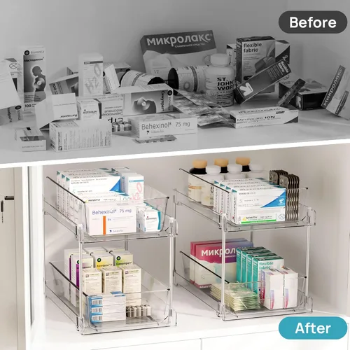 Miniatura 7 de Vtopmart - Organizadores de baño, 4 piezas, 2 niveles, transparentes, bajo el fregadero, almacenamiento para tocador o encimera, cajones