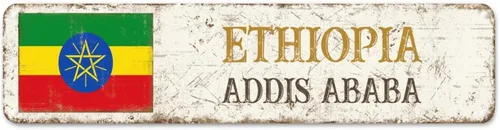 Ethiopia Addis Abeba - Letrero de bandera de Etiopía personalizado de la capital del país y la ciudad, recuerdo vintage rústico, arte decorativo