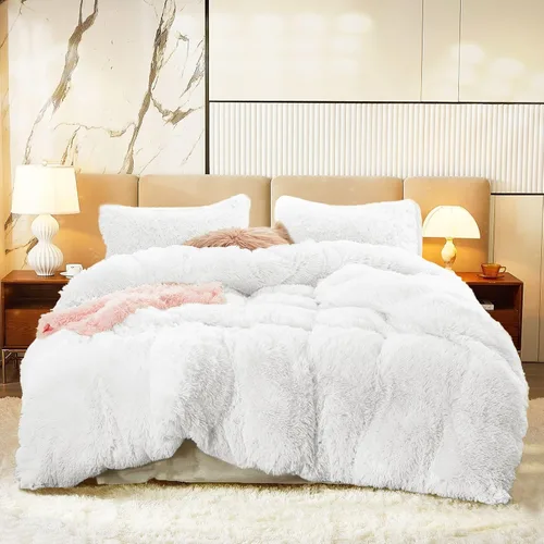Miniatura 11 de Juego de edredón de lujo de pelo sintético lanudo tamaño matrimonial/queen, edredón reversible de felpa y sherpa, color beige, juego de ropa de cama
