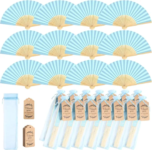 Miniatura 14 de Roowest Paquete de 50 abanicos plegables de papel hechos a mano con bolsas de regalo, tarjeta de agradecimiento, ventilador plegable de mano de Beige