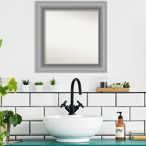 Miniatura 4 de Amanti Art Espejo de baño plateado para sobre fregadero, 26 x 26 pulgadas, espejo cuadrado de níquel pulido, marco de madera tradicional mediano, se