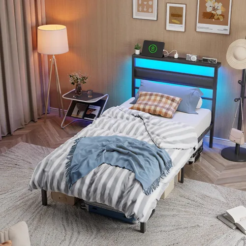 Miniatura 6 de OURPIC Marco de cama individual para niños, marco de cama de plataforma de metal tamaño individual con estación de carga y luces LED, cabecera Negro