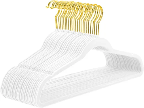 Miniatura 15 de MIZGI Perchas de terciopelo prémium (paquete de 50) resistentes y antideslizantes, perchas de terciopelo rosa rubor - ganchos dorados, perchas