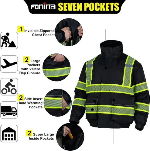 Miniatura 3 de FONIRRA Chaquetas de seguridad de alta visibilidad con forro polar, chaqueta impermeable reflectante ANSI Clase 3 para hombre Negro