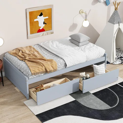 Miniatura 20 de Bellemave Cama infantil de tamaño individual con 2 cajones de almacenamiento, cama individual de madera con almacenamiento, marcos de cama