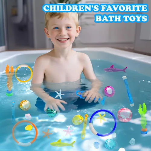 Miniatura 7 de Rileryan Juego de 36 juguetes de buceo en la piscina para niños, anillos de buceo y palos, juguetes de natación, tesoros piratas, gemas de cofre