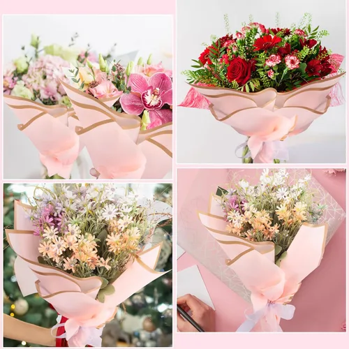 Miniatura 6 de Yahenda 420 hojas de papel de regalo de flores: papel de ramo de flores de 23 x 23 pulgadas con borde dorado, estilo coreano, para boda, despedida