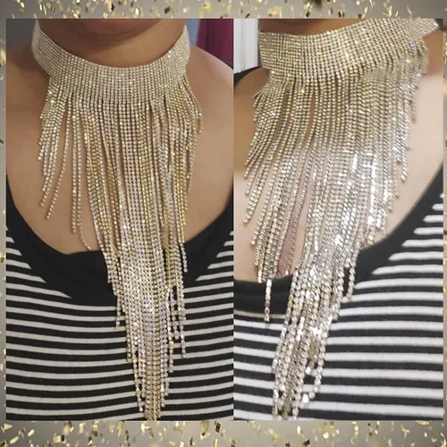 Miniatura 2 de Flyonce - Collar con diamantes de imitación para mujer, gargantilla con borla estilo pechera, joyería para fiesta formal