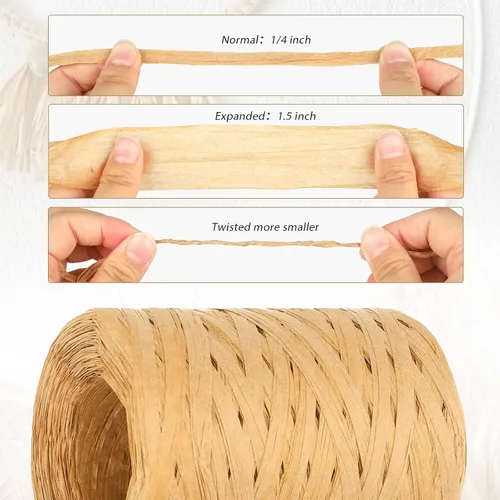 Miniatura 2 de Cordel de cinta de papel de rafia natural de 656 pies, cuerda de rafia de 1/4 de pulgada, cinta de papel de embalaje resistente para ramos de Marrón