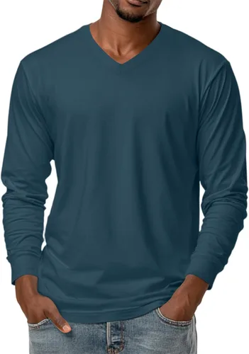 Miniatura 20 de Camiseta para hombre, manga larga, cuello en V, color liso, informal, básica, suave, elástica, M-3XL