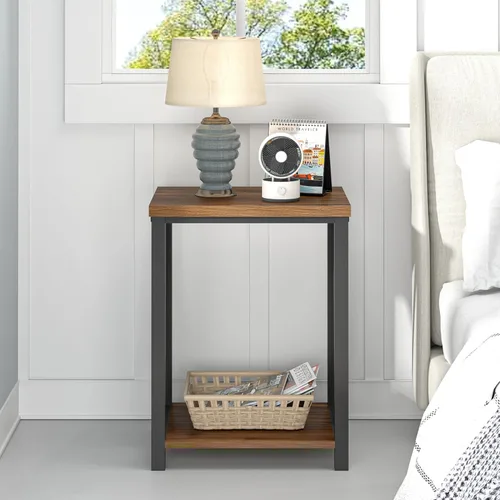 Miniatura 5 de FOLUBAN Mesa auxiliar pequeña, mesa auxiliar de madera rústica y metal con almacenamiento, moderna mesita de noche para sala de estar, dormitorio