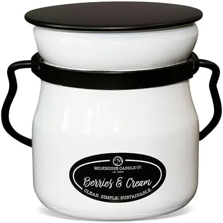Milkhouse Candle Company Vela de soja de bayas y crema, frambuesa, arándano, perfumada de caña de azúcar, tarro de crema de 5 onzas con tapa, tiempo