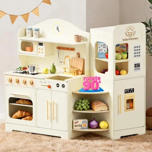 Juego de cocina para niños con diseño giratorio, juego de cocina de madera para niños con máquina de hielo, juego de cocina de juguete para niños