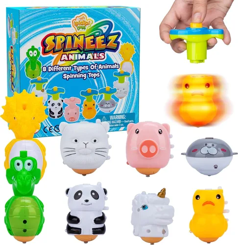 IPIDIPI TOYS Spineez Trompos de Animales con Luz Giratoria – 8 Lindos Giradores LED para Niños – Rellenos Ideales para Calcetines Navideños para