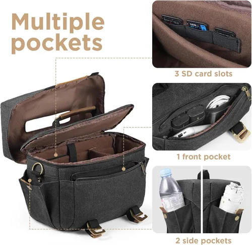 Miniatura 3 de SMRITI Bolsa cruzada de lona para cámara DSLR, impermeable, bolsa bandolera para fotógrafos, bolsa pequeña para cámara con cubierta para lluvia