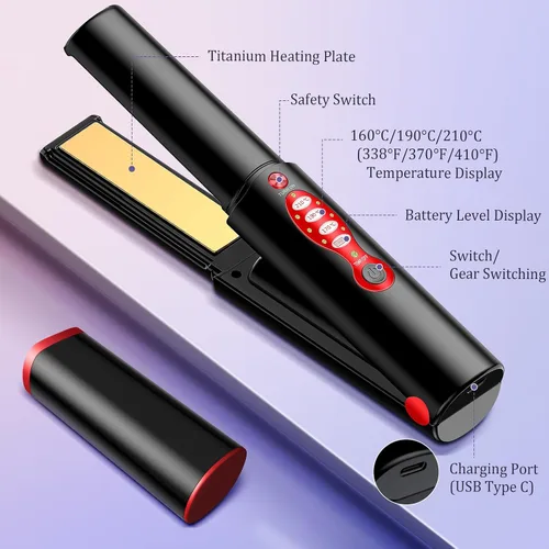 Miniatura 4 de Alisador y rizador de pelo inalámbrico para cabello fino y fino, mini plancha plana recargable por USB con 3 ajustes de calor, placas de titanio