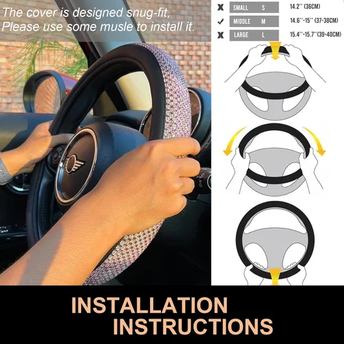 Miniatura 6 de PINCTROT Bling Bling - Funda para volante cómoda con diamantes de imitación de cristal gigante, piel de diamante antideslizante, universal de 15 2.