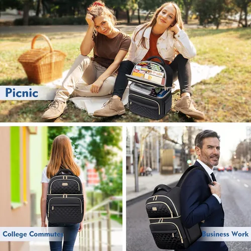 Miniatura 8 de Mochila Refrigeradora Lonchera Mochilas de Doble Piso Caja de Almuerzo, Mochilas Aisladas Bolsas Refrigeradoras de Almuerzo, Lonchera Liviana a Negro