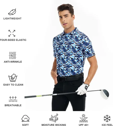 Miniatura 39 de DEOLAX Camisa de golf para hombre, con estampado de moda, atlética, de manga corta, clásica, casual, ajuste seco, suave, para hombres
