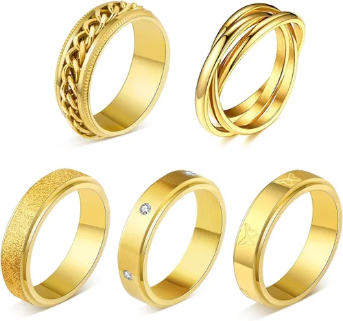 5 anillos giratorios chapados en oro de 18 quilates para la ansiedad, cadena de mariposa de acero inoxidable, con incrustaciones de circonita