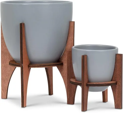 Miniatura 3 de Abbott Colección Maceta pequeña con soporte de madera, gris, 4" de alto (27-Noruega-SM)