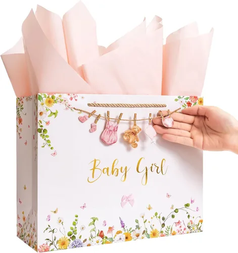 Crisky Bolsa de regalo grande de 13 pulgadas para baby shower con papel de seda, tarjeta de regalo y lazo para decoraciones de baby shower, regalos