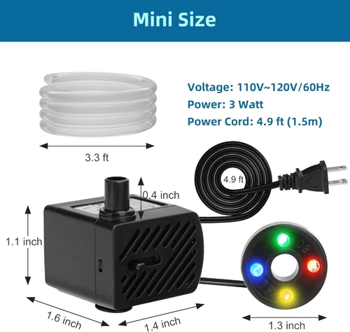 Miniatura 5 de DaToo Mini bomba de agua sumergible con luz LED 50gph 3W pequeña bomba de agua ultra silenciosa con tubo para acuario tanque de peces estanque al