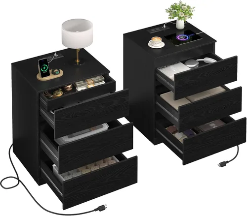 Miniatura 10 de Mesita de noche, 4 cajones, 26 pulgadas de alto con cajón oculto, mesita de noche con estación de carga, moderna mesita de noche para dormitorio