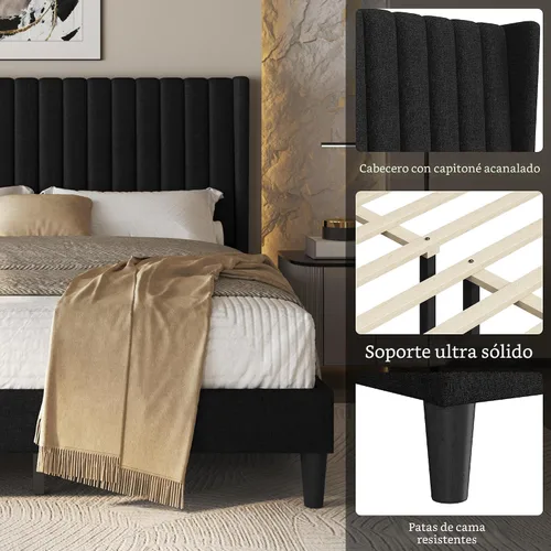 Miniatura 4 de Yaheetech - Base de cama tamaño queen con plataforma tapizada y cabecera de tela, diseño de borde ala, antideslizante y silenciosa, soporte de Negro