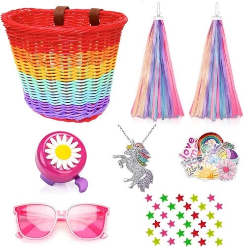 Miniatura 8 de Cesta de bicicleta para manillar para niñas con collar de unicornio, campana, serpentinas, cuentas de rueda, lentes de sol, calcomanías, juego