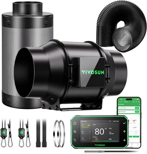 Miniatura 10 de VIVOSUN Smart Air Filtration PRO G4 Kit de 4 pulgadas, ventilador de conducto en línea AeroZesh G4 con temperatura GrowHub E42A+. Controlador WiFi