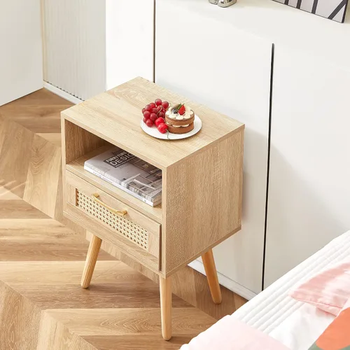 Miniatura 2 de Mesita de noche, mesa auxiliar con cajón decorativo de ratán y patas de madera maciza, mesa decorativa de madera con almacenamiento para dormitorio