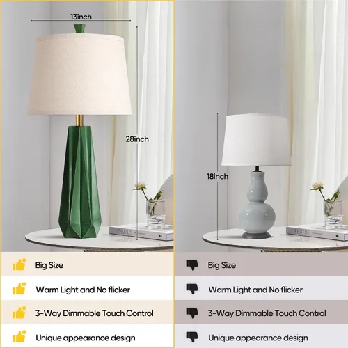 Miniatura 6 de WIHTU 3 Color Temperature Table Lamps Set of 2, Green Modern Table Lamp for Living Room, 27'' Beside Lamp with Linen Shade, Resin Desk Lamp for