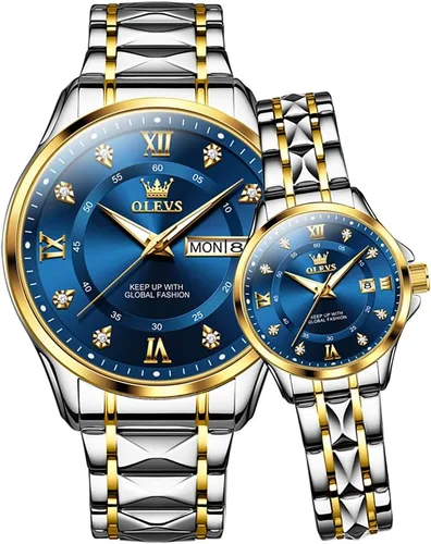 OLEVS Reloj de cuarzo para parejas, calendario luminoso, fecha, negocios, formal, de lujo, para hombres y mujeres, impermeable, casual, acero