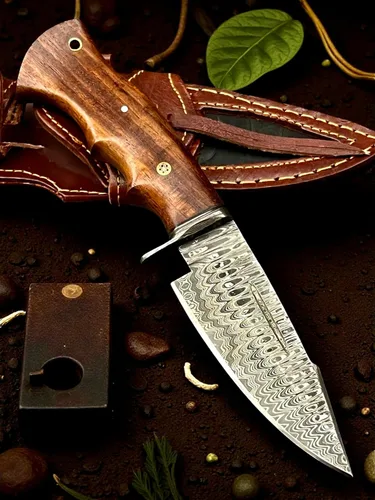 Poshland Cuchillo Skinner de acero de Damasco hecho a mano de 9 pulgadas con espiga completa - Hoja en blanco sólida