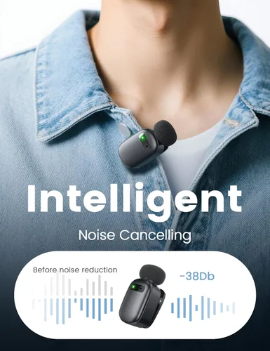 Miniatura 4 de Mini micrófono de solapa inalámbrico para iPhone y Android, micrófonos de clip dual con funda de carga de 30 horas, cancelación de ruido