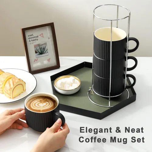 Miniatura 2 de HASENSE Juego de 4 tazas de café de cerámica con soporte, tazas grandes apilables para café con soporte de metal, aptas para lavavajillas y Negro