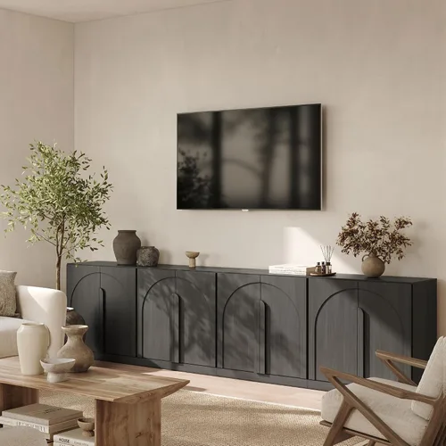Miniatura 16 de BELLEZE Juego de soporte modular de TV de 4 piezas, centro de entretenimiento moderno con asas anchas de madera, aparadores con estantes ajustables